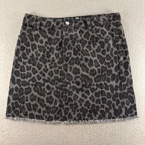 Mittoshop Leopard Print Denim Mini Skirt Women Size M Grey Raw Hem Sleazy Grunge